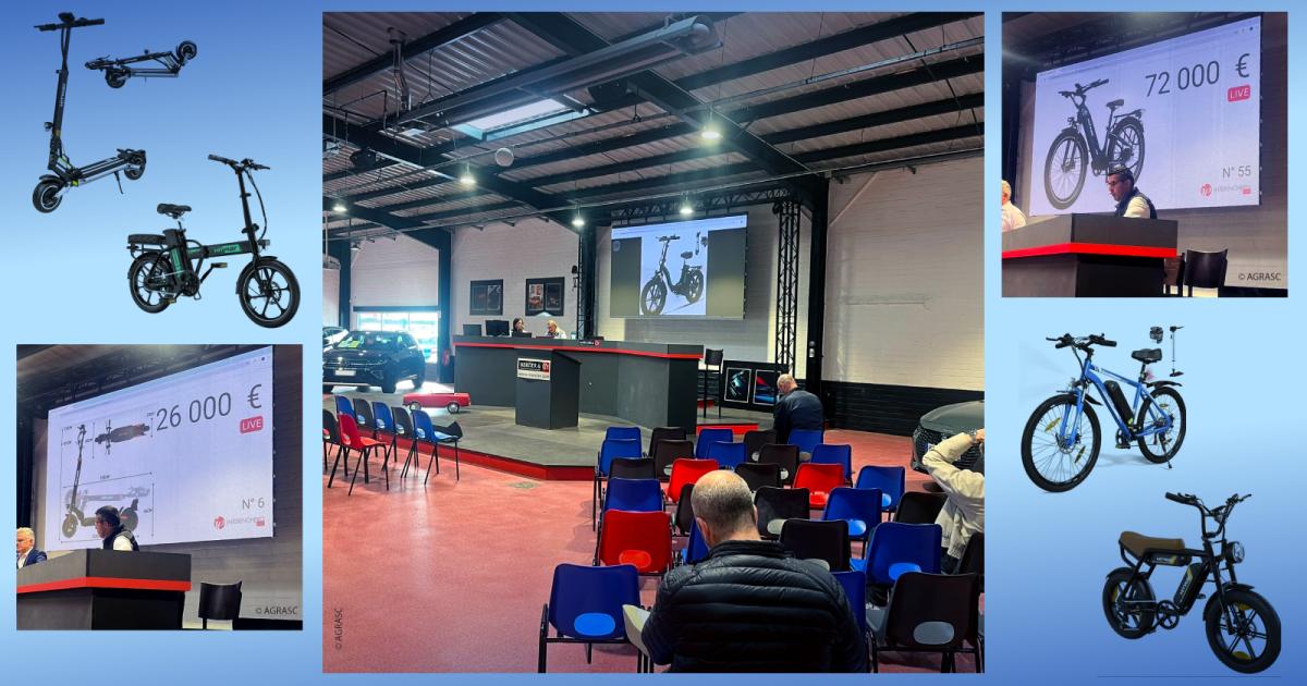 Photographic collage of the French auction of e-bikes and scooters seized in the Calypso investigation, published by EPPO.